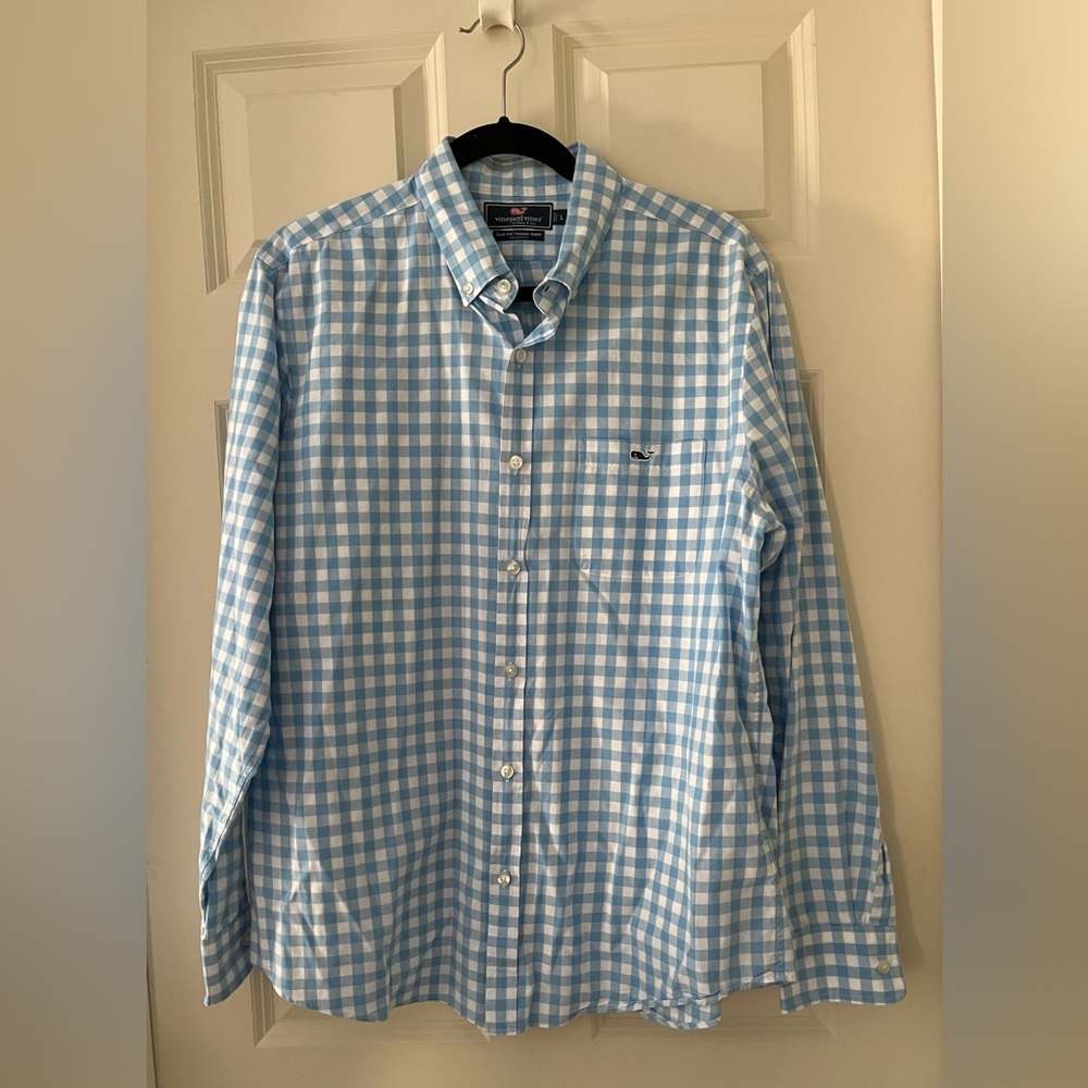 Men’s Vineyard Vines Slim Fit  gingham Blue long sleeve button down shirt L